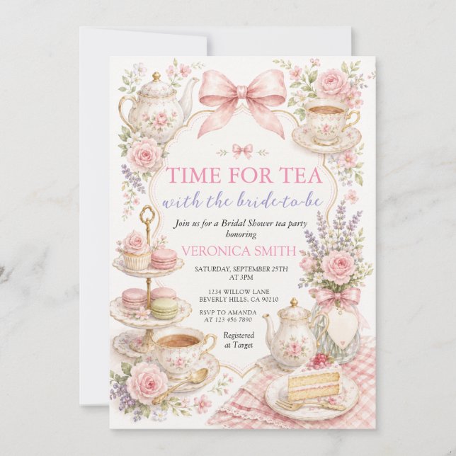 Invitación Hora de té floral rosa para despedida de soltera (Anverso)