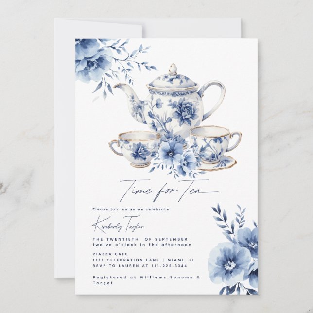 Invitación Hora de tomar el té azul Chinoiserie Bridal Shower (Anverso)
