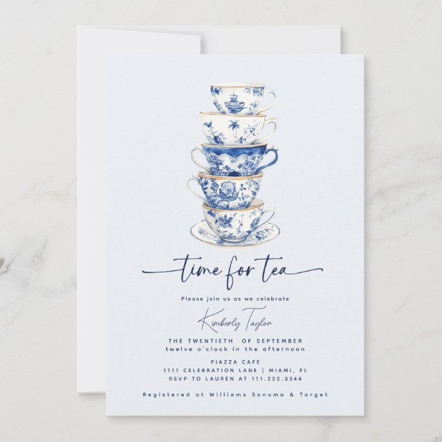 Invitación Hora de tomar el té Chinoiserie Dusty Blue Bridal  (Anverso)