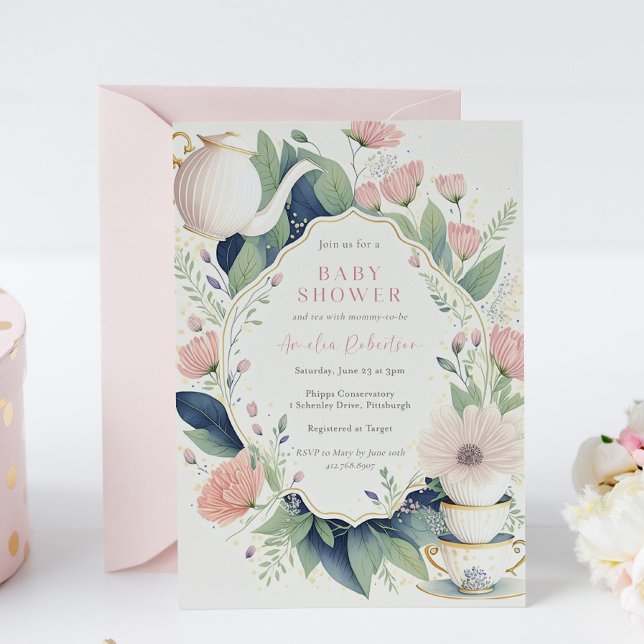 Invitación Hora de tomar un Tea Floral Rosa Baby Shower (Subido por el creador)