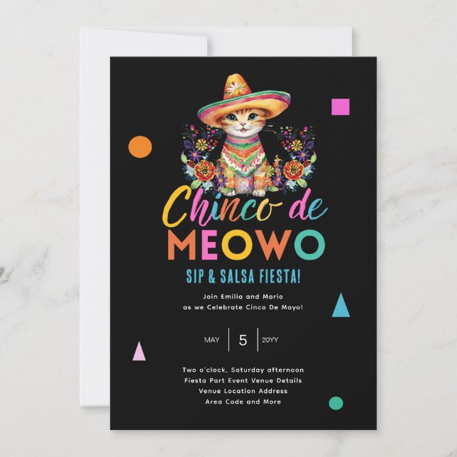 Invitación Hora del Fiesta Cinco De Meowo Fun Cat Fiesta (Anverso)