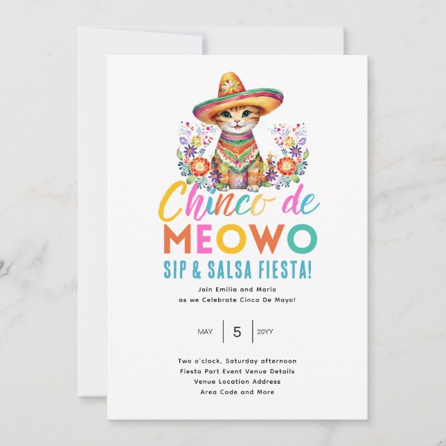 Invitación Hora del Fiesta Cinco De Meowo Fun Cat Fiesta (Anverso)