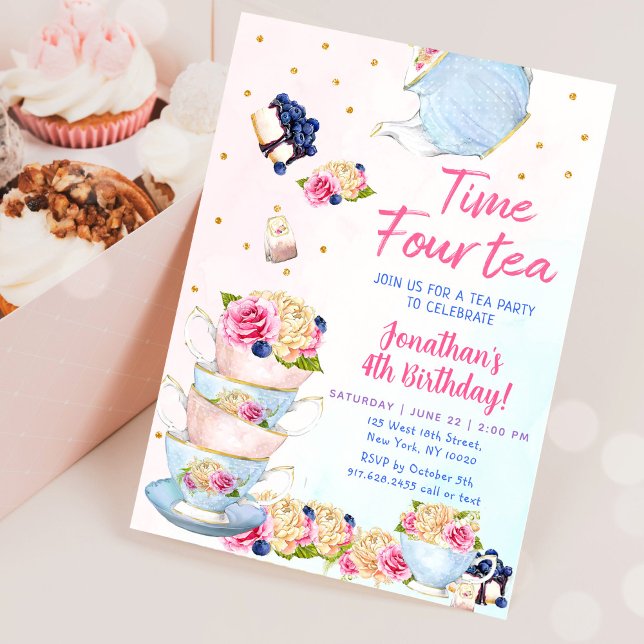 Invitación Hora del Fiesta del té rosado Cuatro cumpleaños de (Subido por el creador)