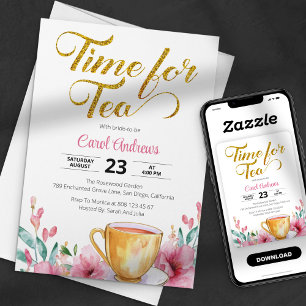 Invitación Hora del Té Acuarela Dorado Brillo Despedida de So