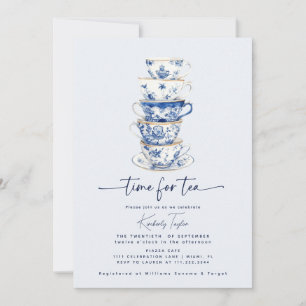 Invitación Hora del Té Chinoiserie Azul Polvoriento Despedida