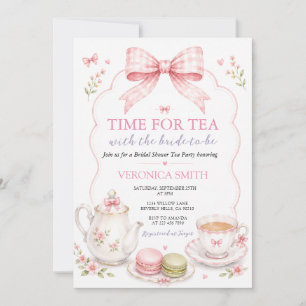 Invitación Hora del té con lazo rosa para despedida de solter
