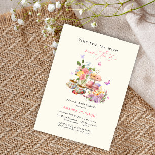 Invitación Hora del té macarrones tazas shower de mariposas p