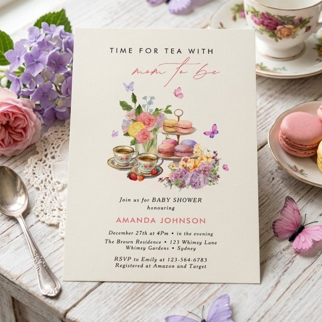 Invitación Hora del té macarrones tazas shower de mariposas p (Subido por el creador)