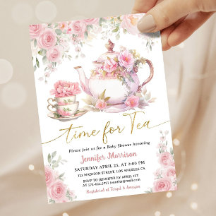 Invitación Hora del Té para la Ducha de Bebé Niña Floral Rosa