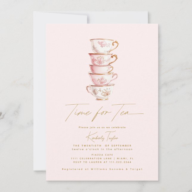 Invitación Hora del Té Rosa Chinoisería Fiesta de Despedida d (Anverso)