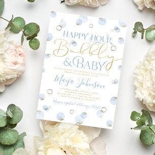 Invitación Hora Feliz Burbujas Blue Gold y Celebración de Bab