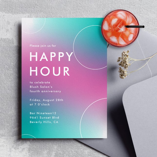 Invitación Hora feliz de degradado moderno (Aqua) (modern corporate happy hour party invitation in aqua and pink)