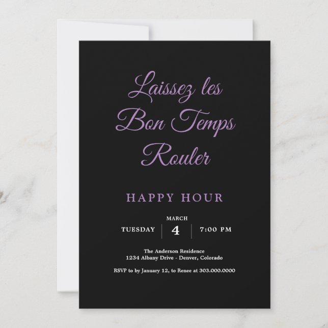 Invitación Hora feliz de Mardi Gras (Anverso)