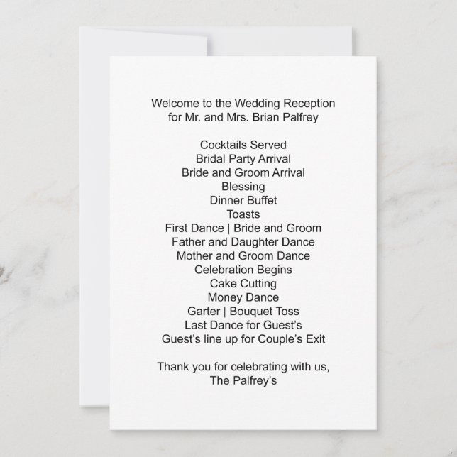 Invitación Horario de recepción Sr. y Sra. Palfrey (Anverso)