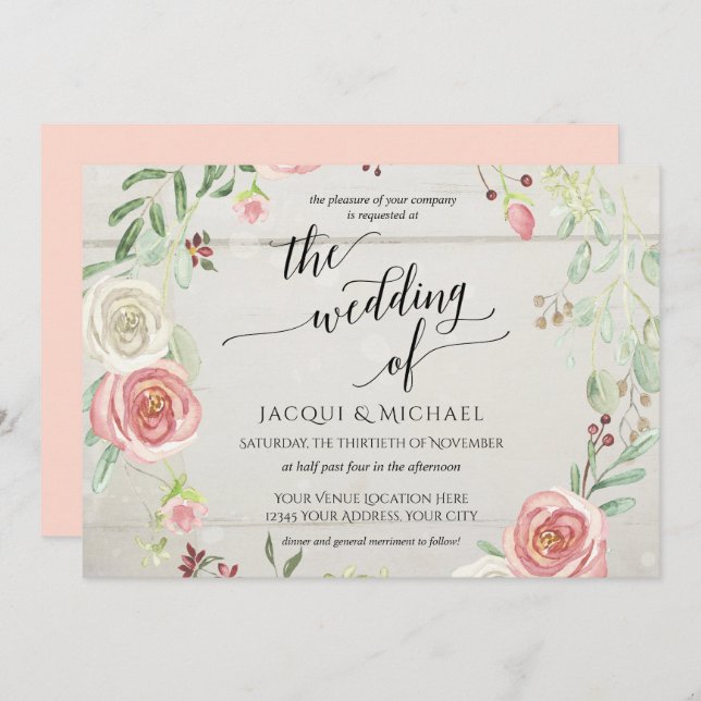 Invitación Horizonal Rústico Elegante Rosa Wreath Foliage Lea (Anverso / Reverso)