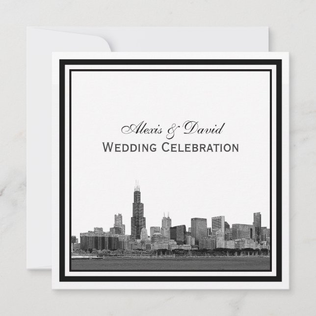 Invitación Horizonte de Chicago #2 Grabado en Marco para Boda (Anverso)