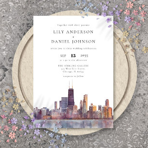 Invitación Horizonte de Chicago Acuarela Boda Elegante