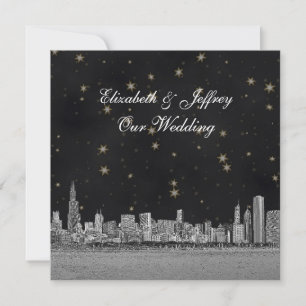 Invitación Horizonte de Chicago Estrella de Oro Negro SQ Boda