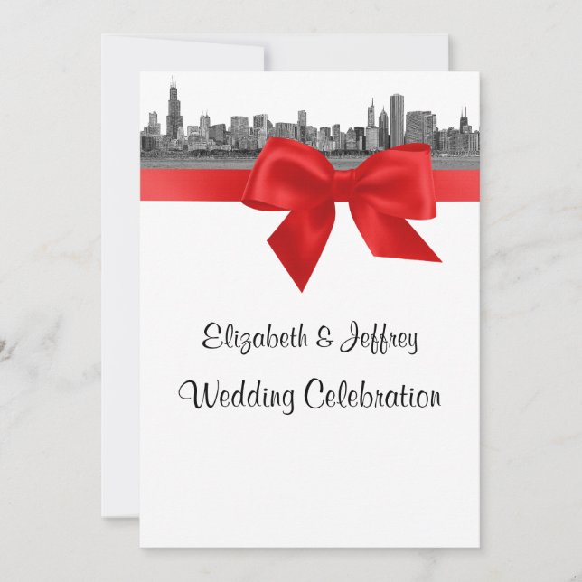 Invitación Horizonte de Chicago Grabado BW Boda Roja (Anverso)