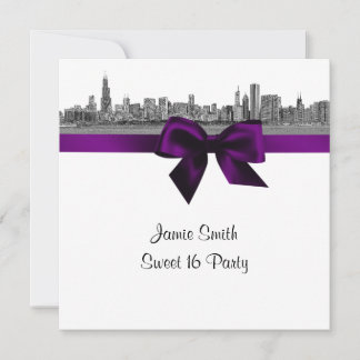 Invitación Horizonte de Chicago Grabado BW Purple Sweet Sixte