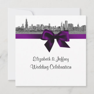 Invitación Horizonte de Chicago Grabado BW SQ Bodas Moradas
