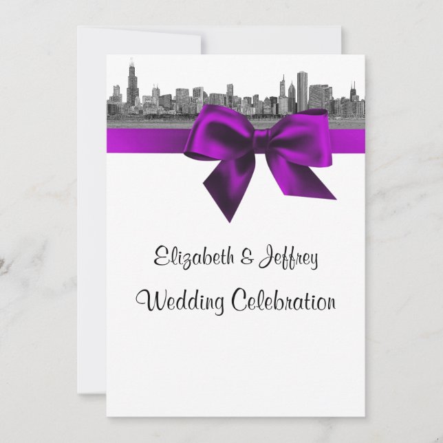 Invitación Horizonte de Chicago Grabado BW Violeta Boda (Anverso)