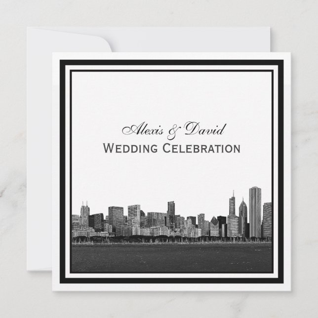 Invitación Horizonte de Chicago Grabado en Marco para Boda (Anverso)