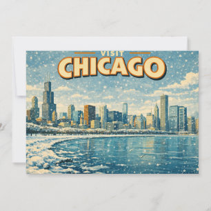 Invitación horizonte de Chicago y lago Michigan en invierno