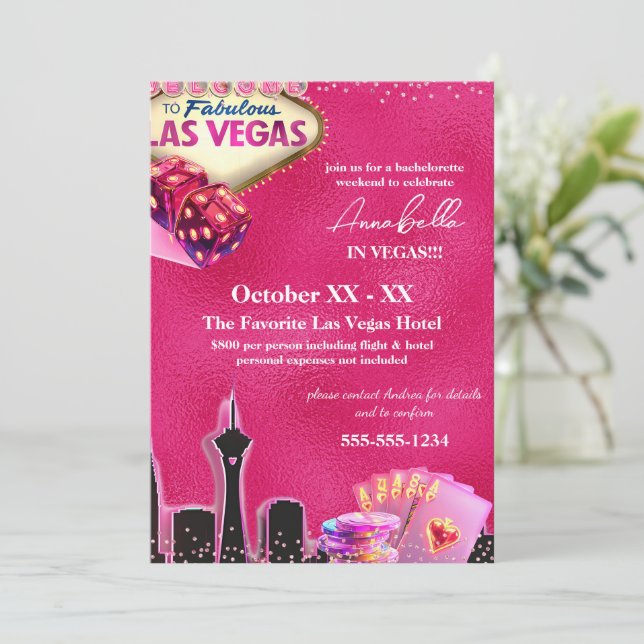 Invitación Horizonte de Las Vegas Rosa Neon (Anverso de pie)