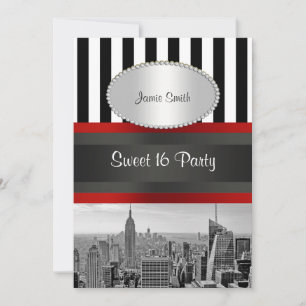 Invitación Horizonte de NYC BW Franja Negra Blanca 2P Cumplea