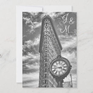 Invitación Horizonte de NYC Edificio Flatiron y Reloj BW Boda