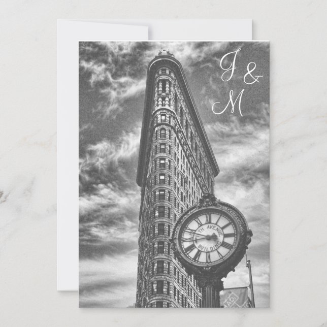 Invitación Horizonte de NYC Edificio Flatiron y Reloj BW Boda (Anverso)