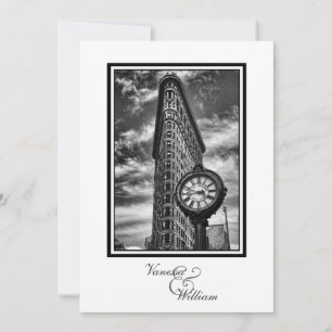 Invitación Horizonte de NYC Edificio Flatiron y Reloj BW Boda