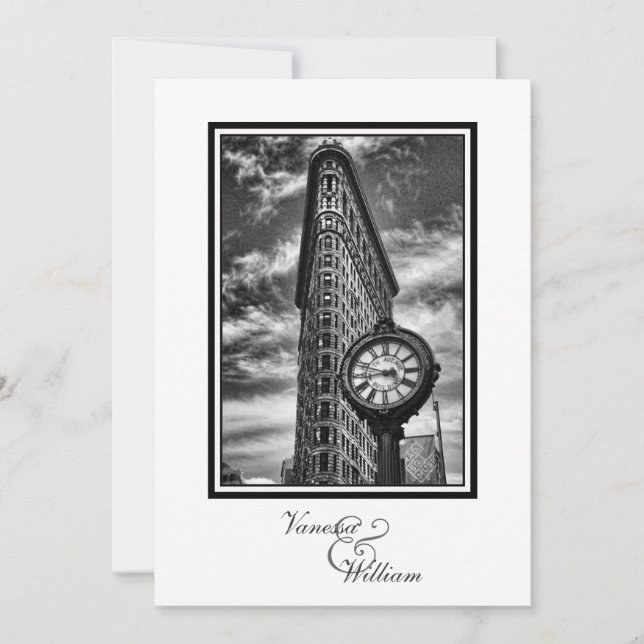 Invitación Horizonte de NYC Edificio Flatiron y Reloj BW Boda (Anverso)