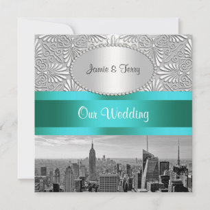 Invitación Horizonte de NYC en blanco y negro con damasco de