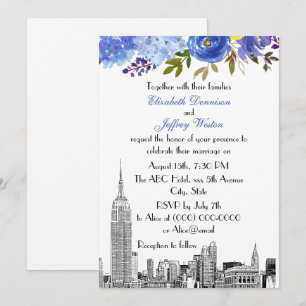 Invitación Horizonte de NYC ESB Etch Azul Amarillo Floral Bod
