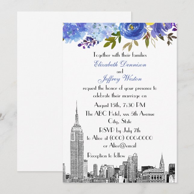 Invitación Horizonte de NYC ESB Etch Azul Amarillo Floral Bod (Anverso / Reverso)