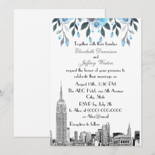 Invitación Horizonte de NYC ESB Etch Azul Gris Floral Boda