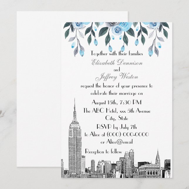Invitación Horizonte de NYC ESB Etch Azul Gris Floral Boda (Anverso / Reverso)