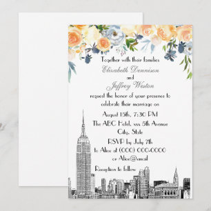 Invitación Horizonte de NYC ESB Etch Blues Floral Boda