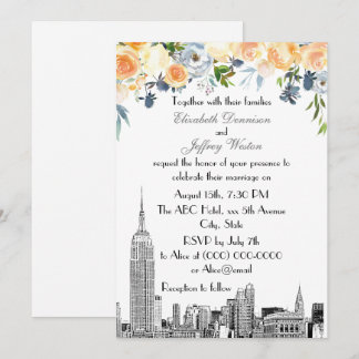 Invitación Horizonte de NYC ESB Etch Blues Floral Boda