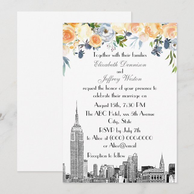 Invitación Horizonte de NYC ESB Etch Blues Floral Boda (Anverso / Reverso)