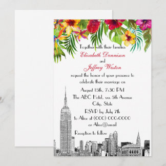Invitación Horizonte de NYC ESB Etch Boda Floral Tropical