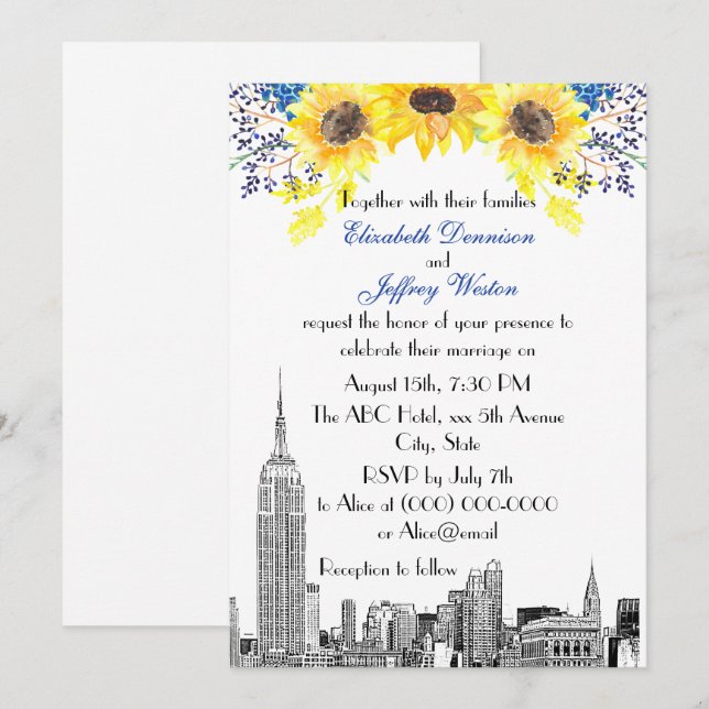 Invitación Horizonte de NYC ESB Etch Girasol #2 Floral Boda (Anverso / Reverso)