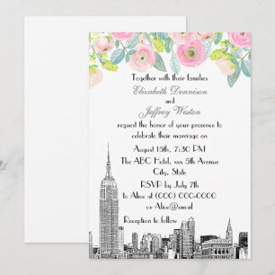 Invitación Horizonte de NYC ESB Etch Ranunculus Flor Rosa Bod
