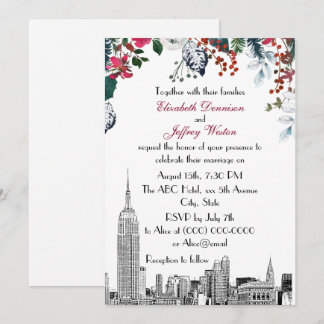 Invitación Horizonte de NYC ESB Grabado Burgundy Verde Floral