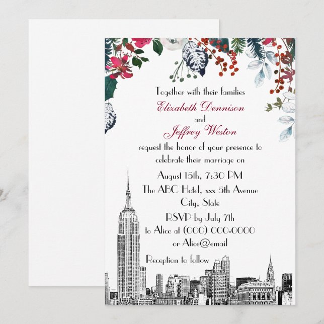 Invitación Horizonte de NYC ESB Grabado Burgundy Verde Floral (Anverso / Reverso)