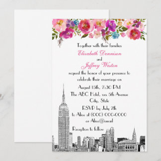 Invitación Horizonte de NYC ESB Grabado Primavera Rosa Floral