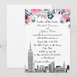 Invitación Horizonte de NYC ESB Grabado Rosa Azul Floral Boda