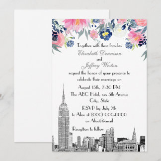 Invitación Horizonte de NYC ESB Grabado Rosa Azul Floral Boda